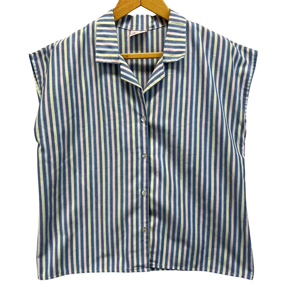 VTG MCM Haband For Her Vertical Striped Sleeveless Button Up Shirt Womens READ